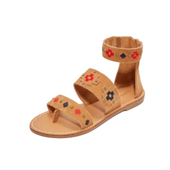 NEW Soludos Flat Sandals Womens 11 Natural Tan Suede Red Embroidered Zipper NWOB - Picture 2 of 12